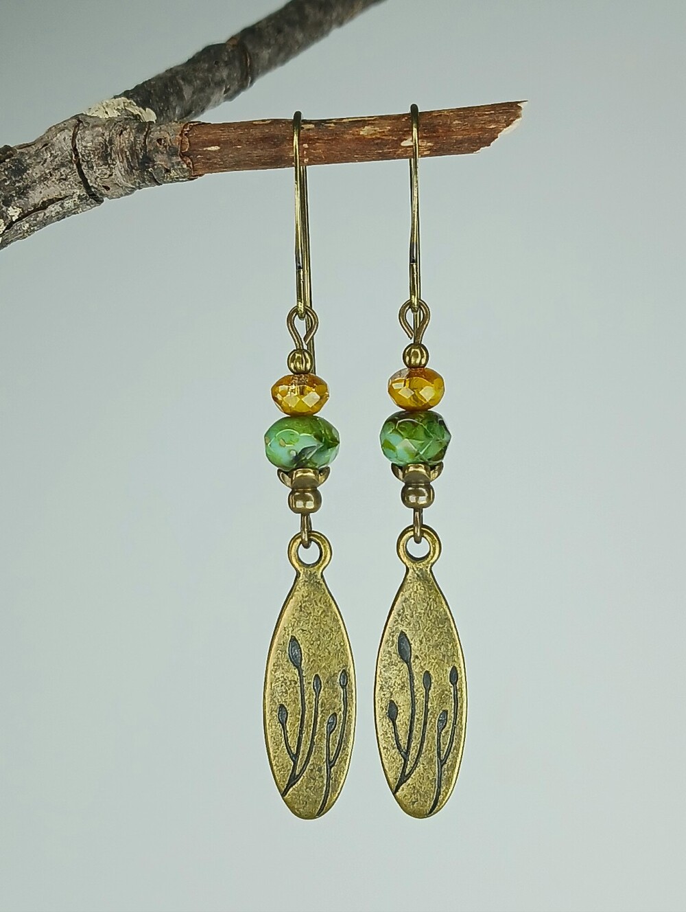 Botanical Brass Earrings Green Czech Glass Wildflower Artisan Hand Crafted - Picture 4 of 7